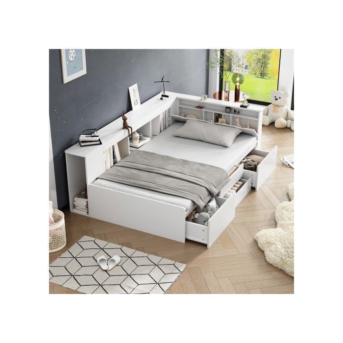 Lit D'enfant - MUVOE - 90x200 Cm - Blanc - Avec Tiroirs - Design Multifonctionnel