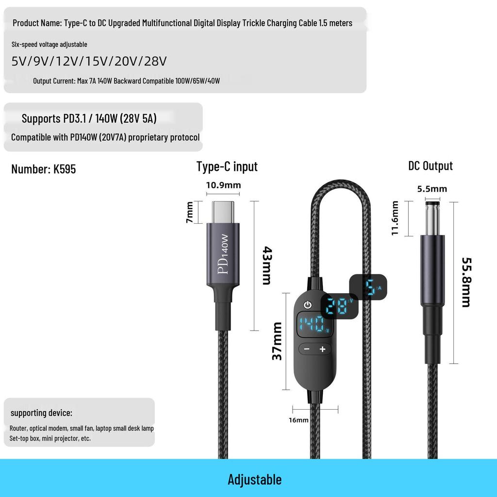 Adjustable Voltage Type-C To DC Charging Cable, 5V-28V, 140W PD Fast Charge with Round Hole DC 5.5