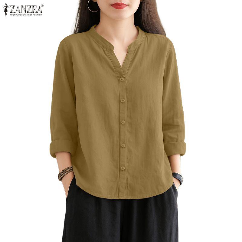 

Жіноча повсякденна однотонна блузка з V-подібним вирізом і довгим рукавом ZANZEA 3XL хакі