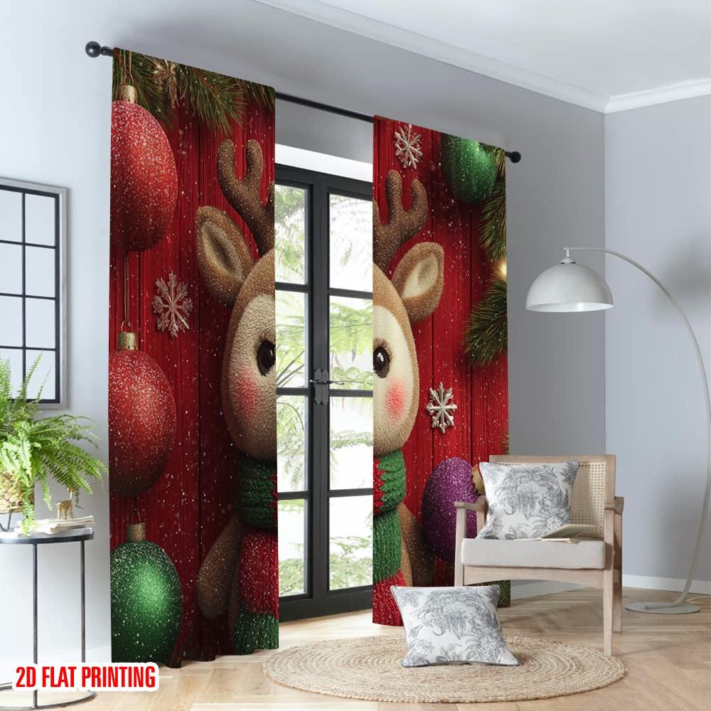 2pcs 2D flat printing Happy Christmas fashion curtains Christmas Reindeer Bauble Tree Digital Printed Polyester Drapes Festive