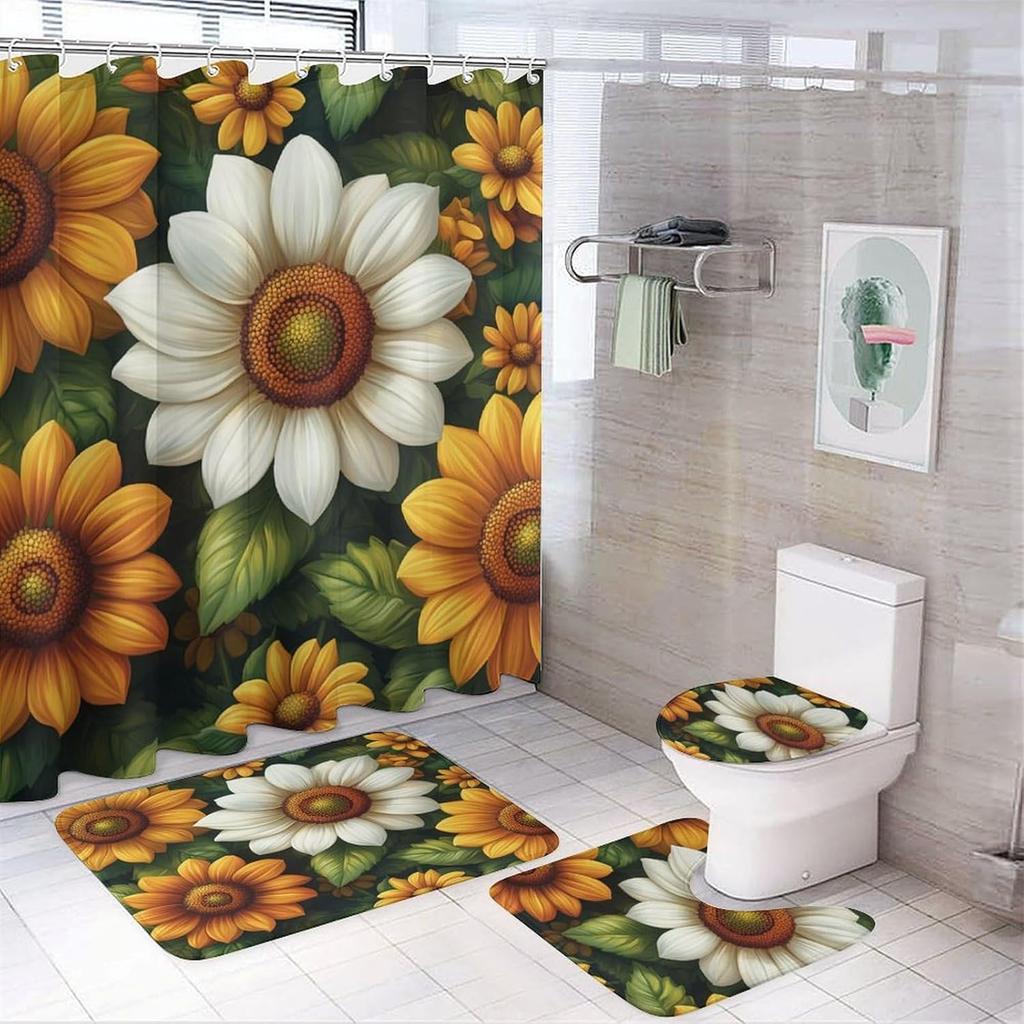 Bathroom Curtain And Rug Set, Sunflower Pattern Printed On Shower Curtain And Bath Mat Set, Designed For Farmhouse Contemporary