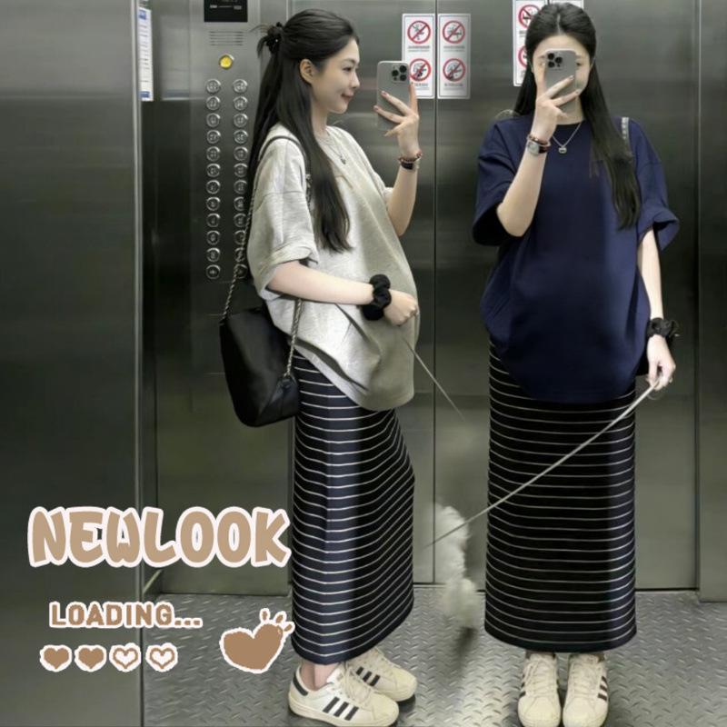 In-Stock Maternity Summer Top & Striped Skirt Set - 2026 New Style XL