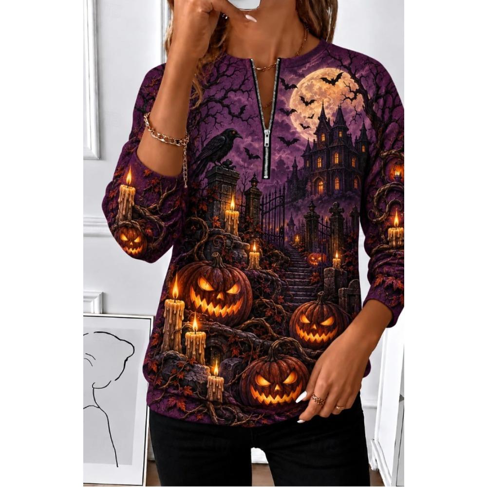 Women's Quarter Zipper Sweater Pullover Halloween Casual Active Sportswear Half Long Sleeve Top Micro-elastic Fall & Winter Comfrt Breathable