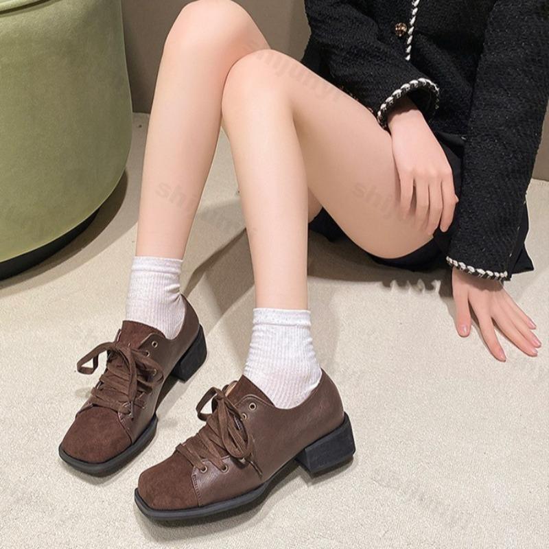 Autumn Women's Retro Square Head Shallow Mouth Casual Single Shoes Fashion Versatile Comfortable Lace Up Coarse Heel Pumps