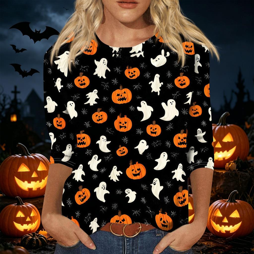 Women's Casual Halloween Print Round Neck Three Quarter Sleeve T Shirt Top Loose Fit Comfortable Fabric Seasonal Design