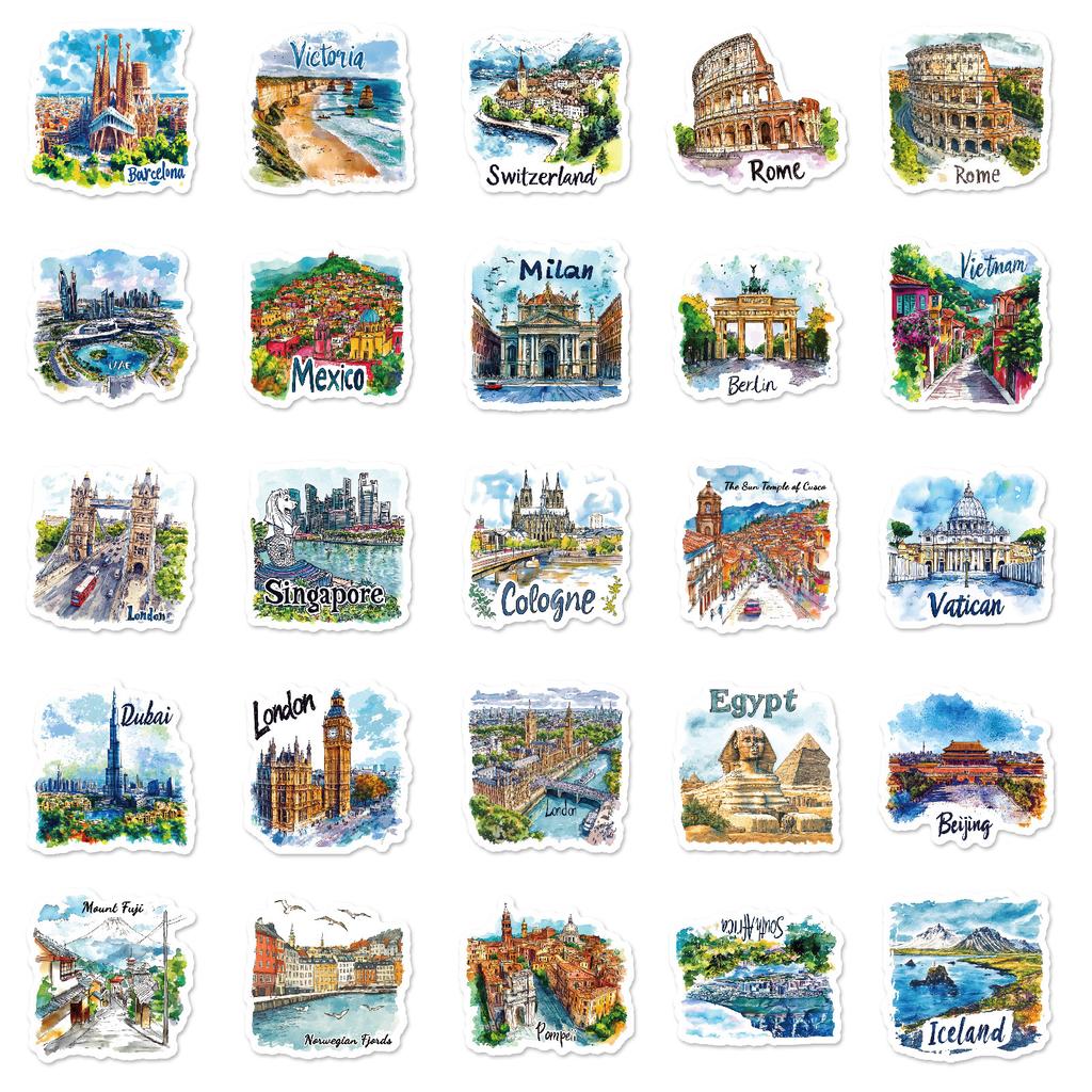 50 Hand-Drawn Tourist Maps, Signs, Architectural Graffiti Stickers, Decorative Guitar Notebooks, Diy Waterproof Stickers