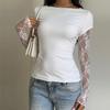 Women Lace Patchwork Long Sleeve Slim Fit Solid Casual Pullover T Shirt