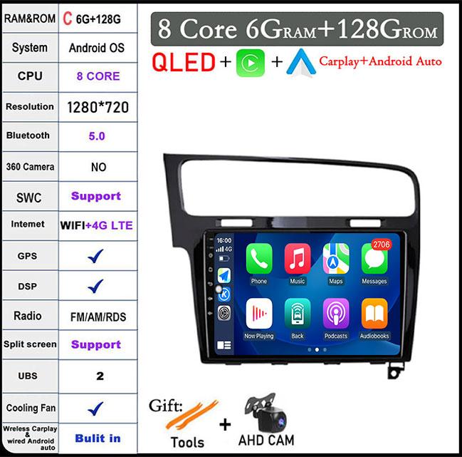 For Volkswagen VW Golf 7 MK7 GTI 2011-2021 IPS/QLED 10.1'' Android 14 Car Radio Carplay Multimedia Auto GPS Stereo Video Player