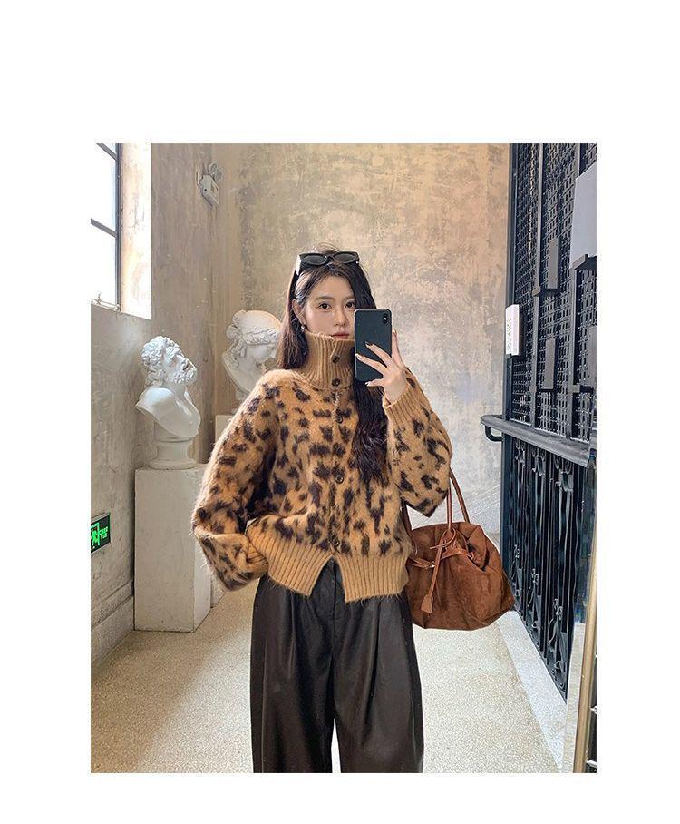 Women's High-End Leopard Print Knitted Cardigan: Luxury Long Sleeve Sweater Coat for Autumn & Winter.