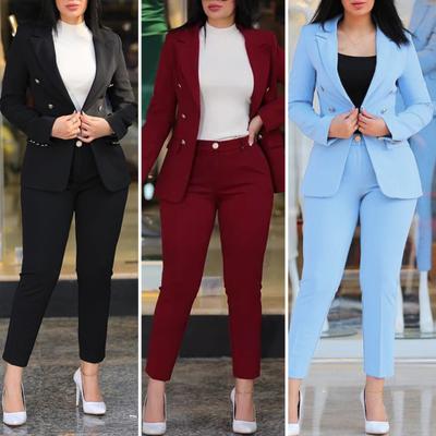 2 Pcs/Set Lady Formal Coat Pants Set Long Sleeves Double Buttons Tight Waist Cardigan Mid Length Jacket Straight High Waist Trousers Formal