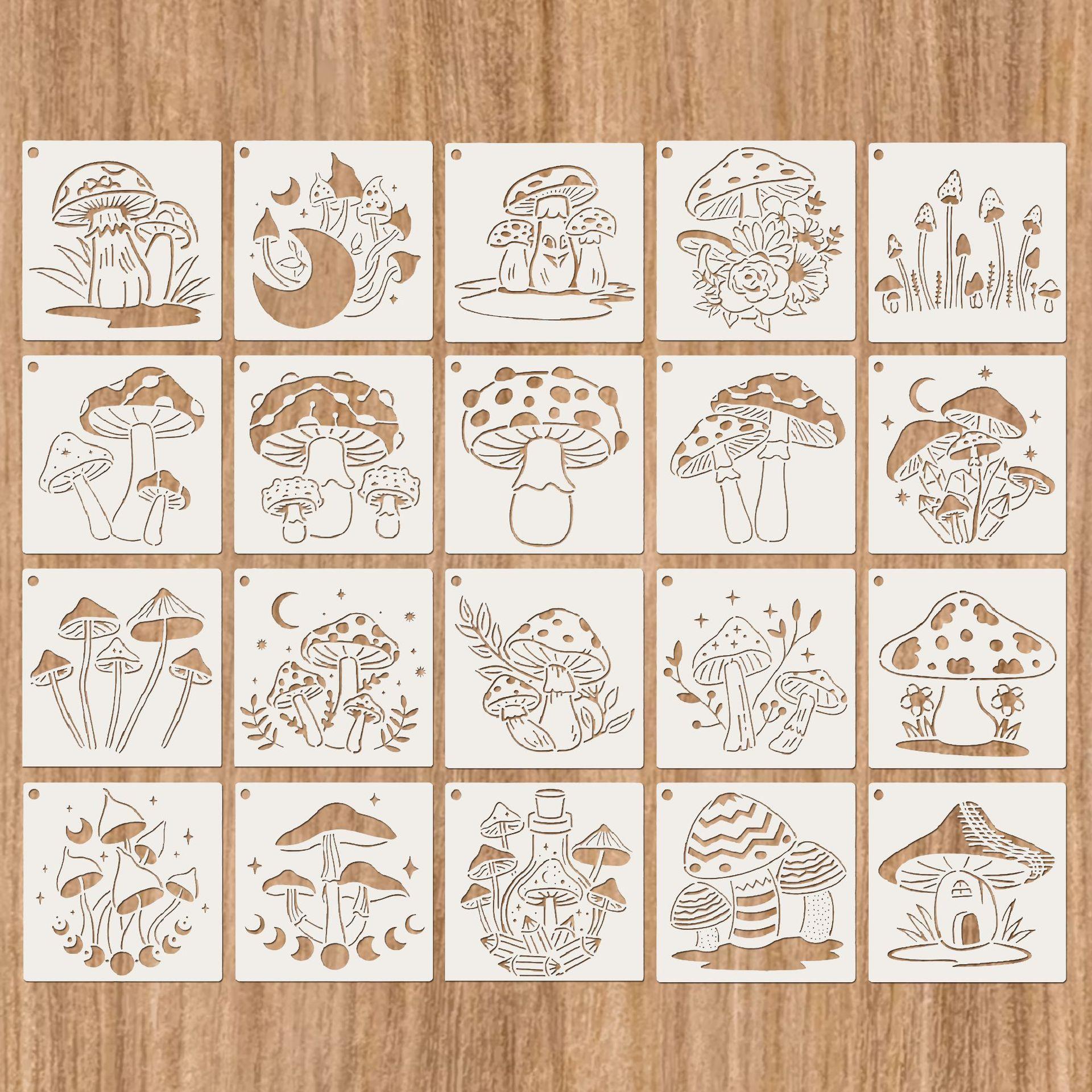 20pcs Mushroom Theme Pattern Painting Template PET Hollow Out DIY Hand-painted Graffiti Painting Template