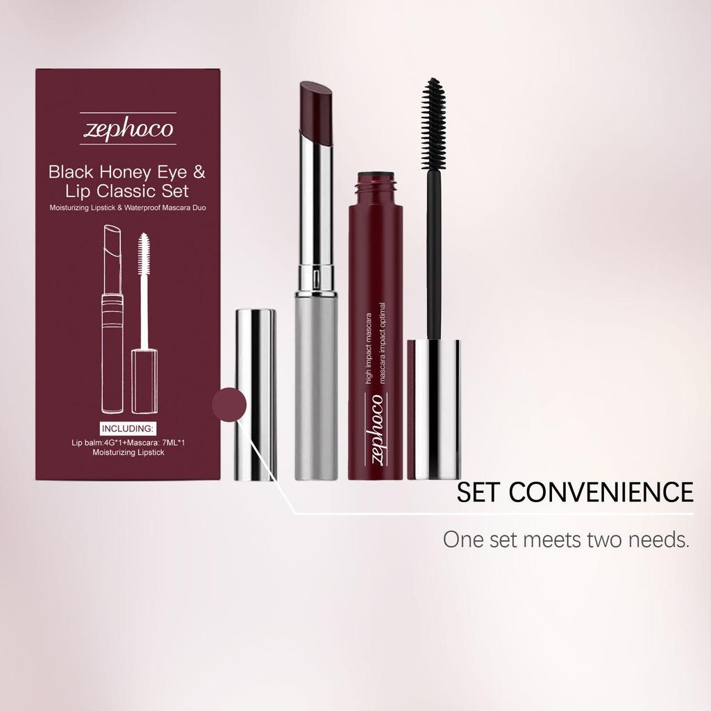 Zephoco Black Honey Eye & Lip Set: Moisturizing Glossy Lipstick & Eyelash Curler Beauty Kit