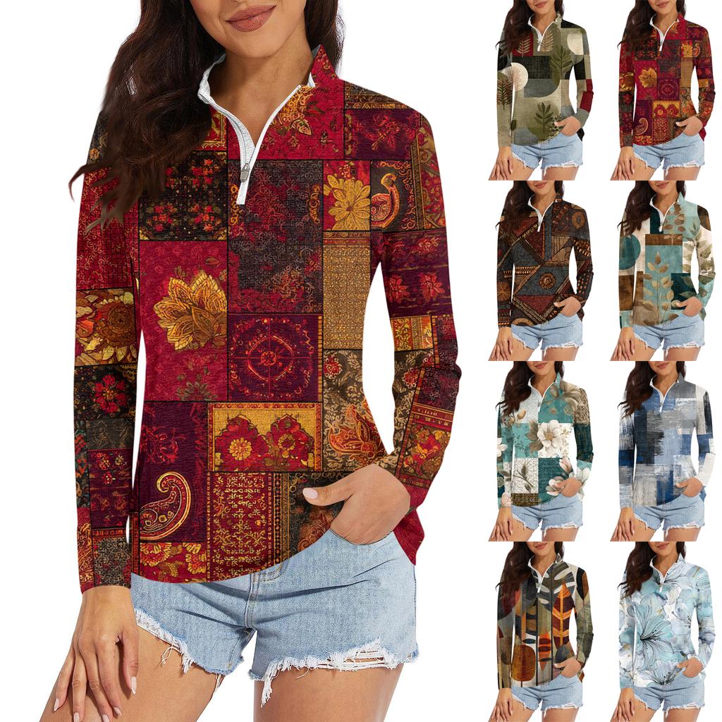 Women's Casual Fashion Retro Floral Print Long Sleeve Zipper Neck Top T-shirt