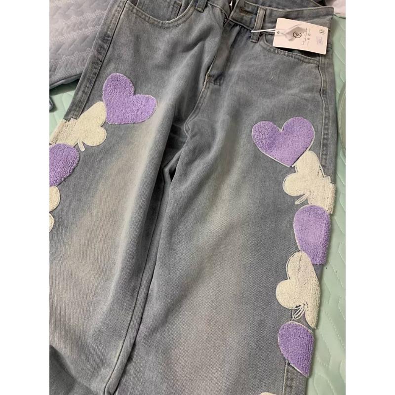 Women Jeans with Heart Vintage Y2k 90s Aesthetic Baggy Denim Trouser 2000s Harajuku Kawaii Wide Cowboy Pants Trashy Clothes 2024
