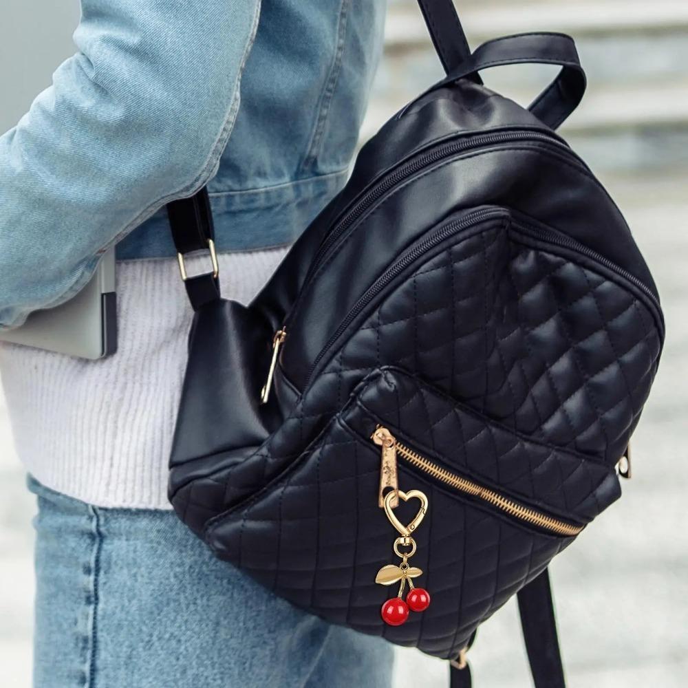 Cute Cherry Keychain Heart-Shaped Bag Charm Durable Lobster Clasp DIY Bag Accessory Car Key Accessories Golden Leaf Keyring
