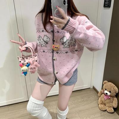 Soft Girl Dog Pattern Loose Knit Cardigan Sweater with Lapel