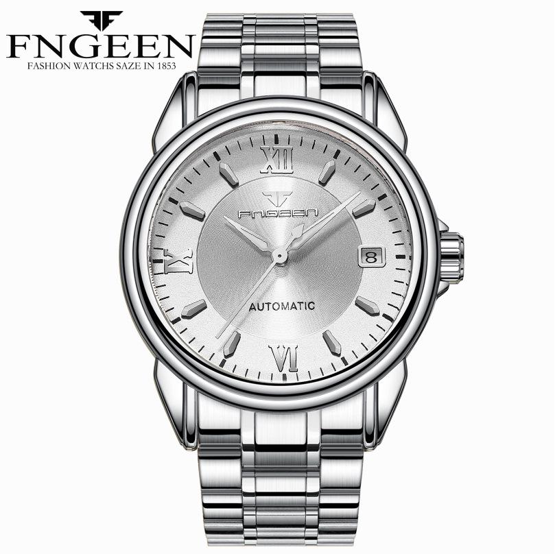 ساعة FNGEEN للرجال ساعة ميكانيكية مجوفة أوتوماتيكية من الفولاذ المقاوم للصدأ، ساعة عمل مقاومة للماء كاجوال للتاريخ للرجال