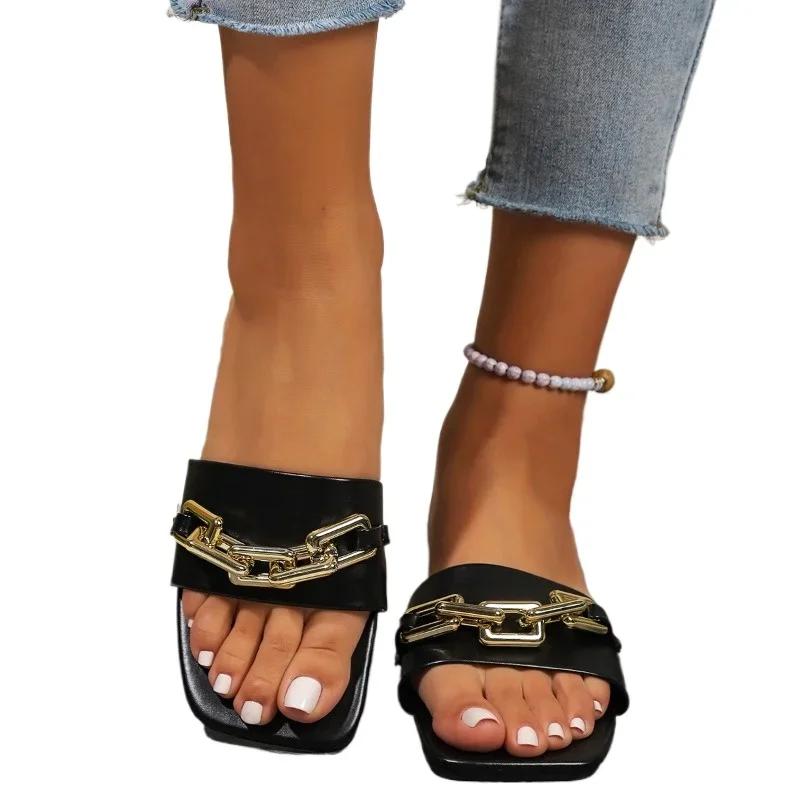 Fashion 2025 Hot Sale Women's Shoes Peep Toe Women's Slippers Fashion Metal Decoration Daily Slippers Women New Plus Size Flat Slippers