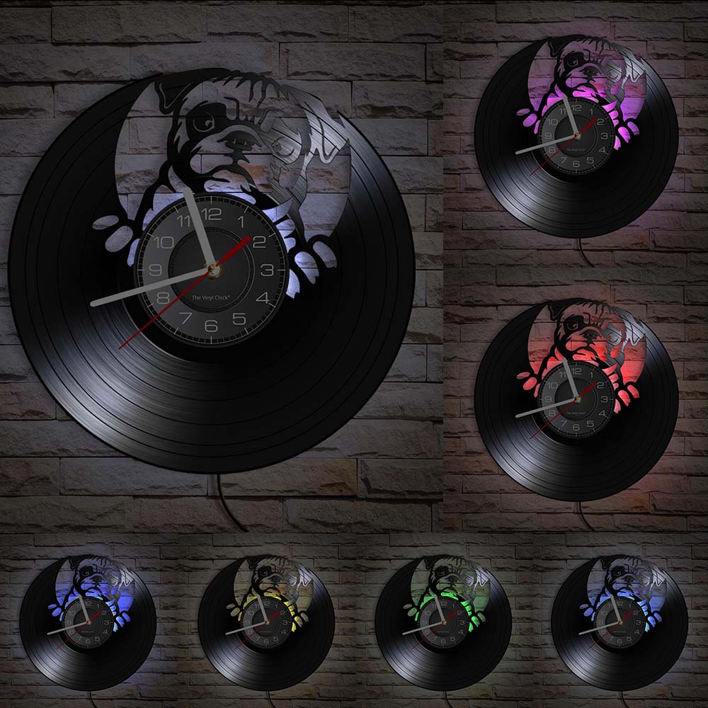 English Bulldog Wall Clock British Dog Breeds Vinyl Record Wall Clock Love My Bulldog Puppy Pug Pet Shop Wall Decor Clock Gift