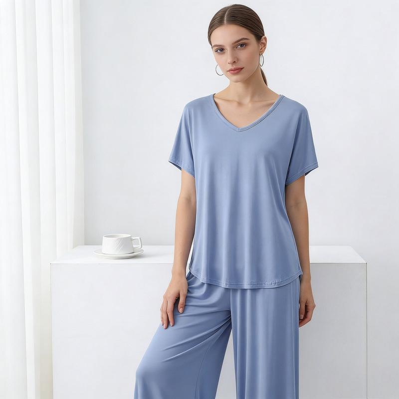 Summer Modal Homewear 2 Piece V-Neck Short Sleeve Tshirt and Wide Leg Pant Ankle Length Loose Sleepwear Set Comfort Pajama Sets