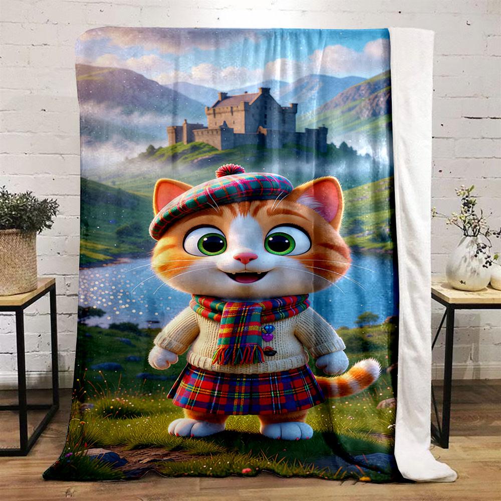 Scottish-themed cat in tartan attire, set in a scenic highland landscape. for all seasons blanket lunch break throw gift