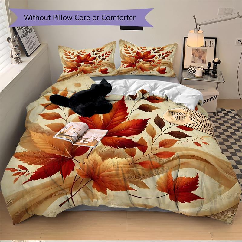 3pcs bedding set Autumn Leaves Includes 1 Comforter + 2 Pillowcases, Without Pillow Inserts, Soft Comfortable, Lightweight Breathable, Print