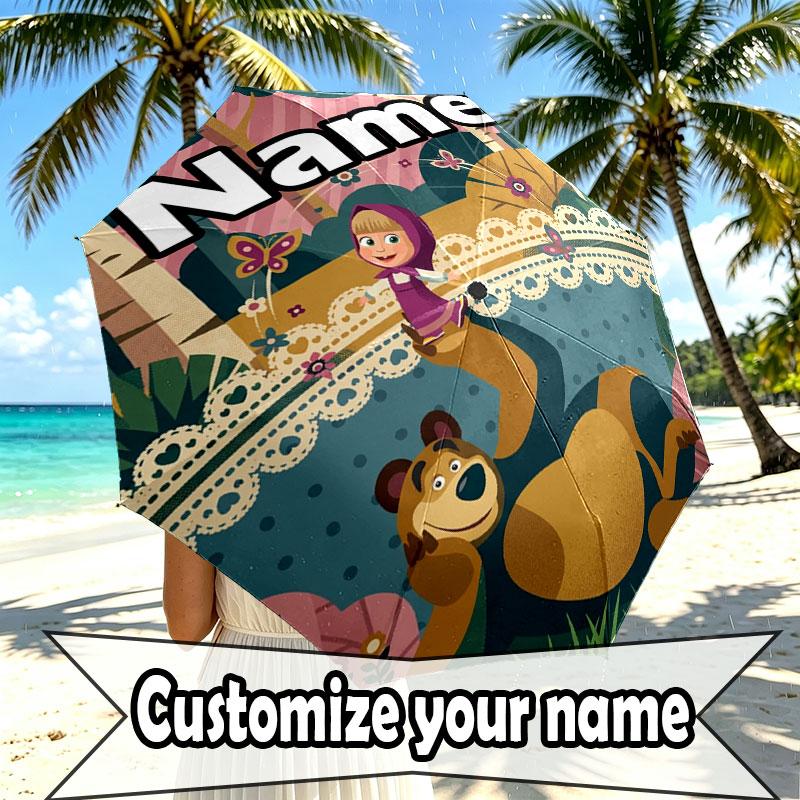Custom Name Personalized Masha and the Bear Print Umbrella, Auto Open Close, 8‑Rib Sturdy Frame, Commute Camping Hiking Use, Birthday Gift