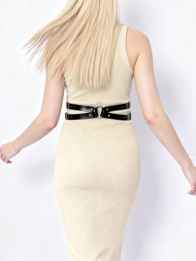 Verstellbares Leder Körpergeschirr Damen, Taillengürtel, Gothic-Riemen, Punk Clubwear, Schwarz