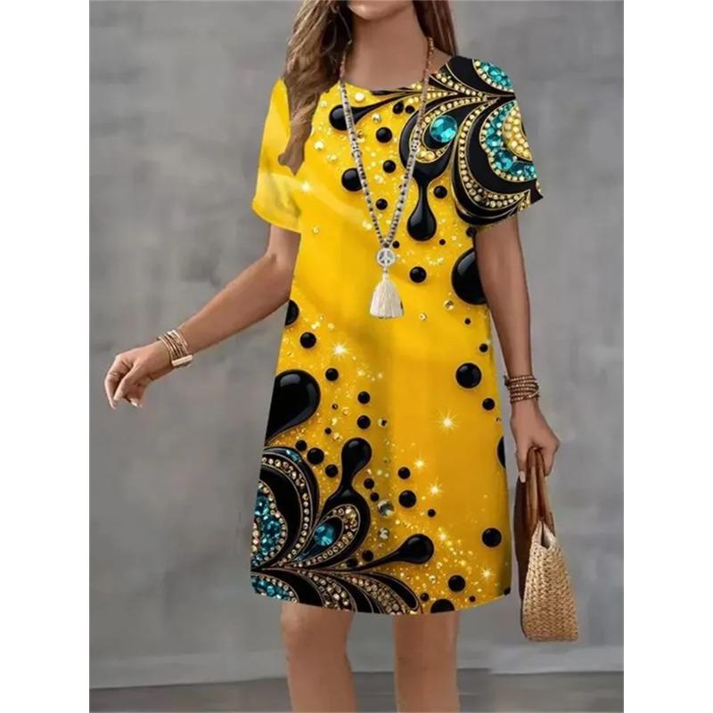 Summer Ladies 3D Printed Crew Neck Short Sleeve Dress Fashion Versatile Trend Breathable Casual S