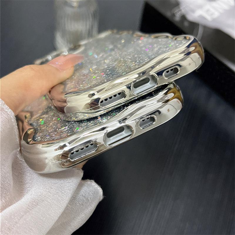 Luksus galvanisert Silver Glitter Drop selvklebende deksel til iPhone 15 14 13 12 11 Pro Max XS XR All-inclusive Fallbeskyttelsesdeksler