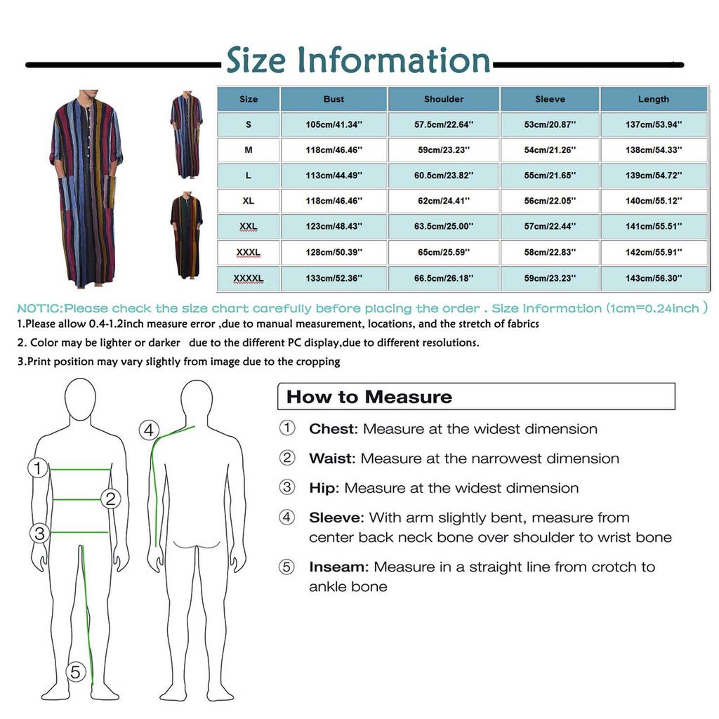 Men's Long Sleeve Arabian Striped Printed Shirt Muslim Men's Robe