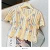 Retro 3D Flower Puff Sleeve Cropped Knit Top - Women's Summer V-Neck Shirt