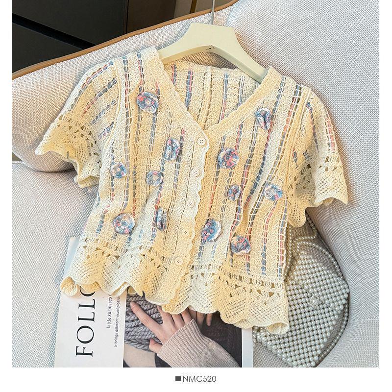 Retro 3D Flower Puff Sleeve Cropped Knit Top - Women's Summer V-Neck Shirt