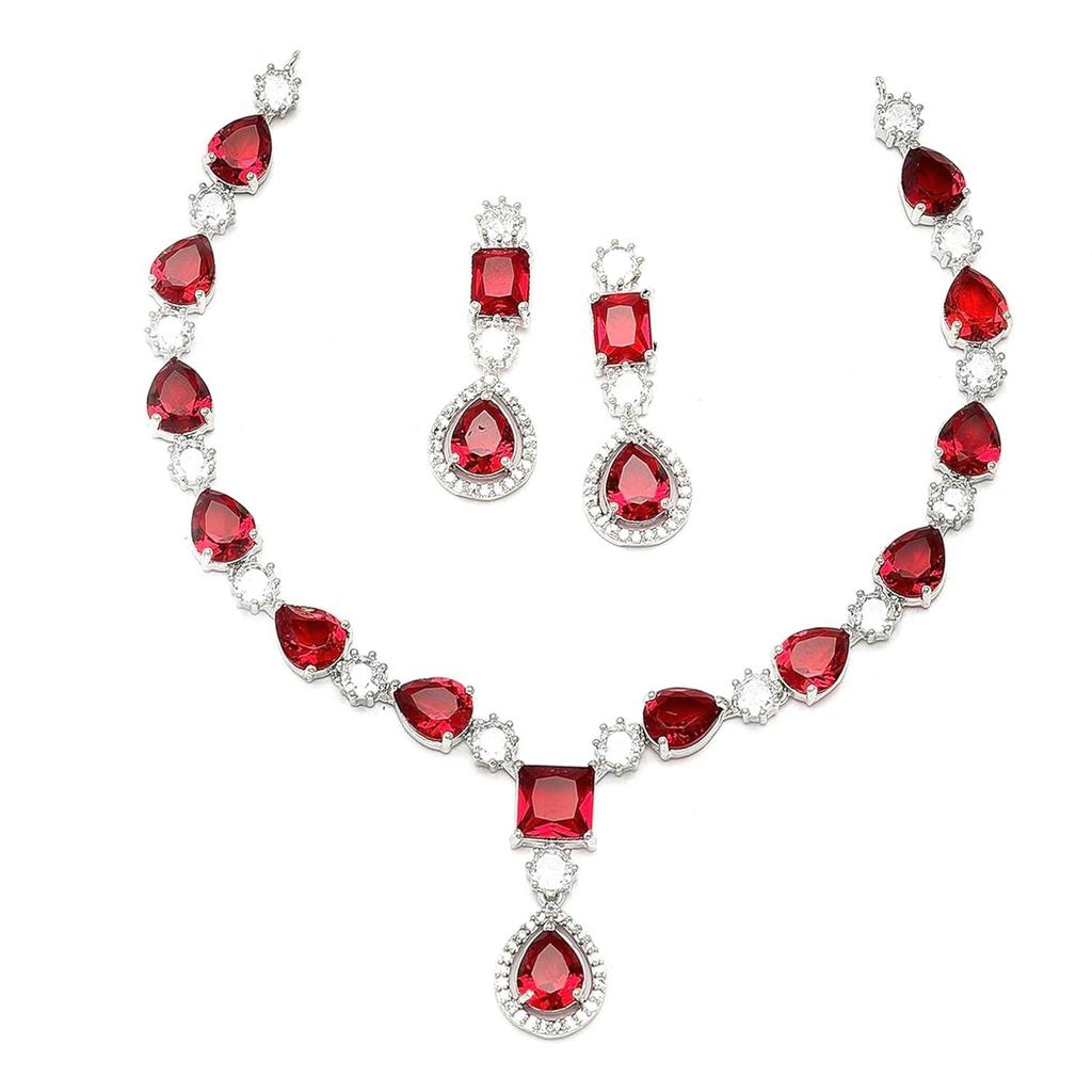 Rhodium-Plated American Diamond Studded Fashionable Necklace With Earrings Jewellery Set For Girls and Women
