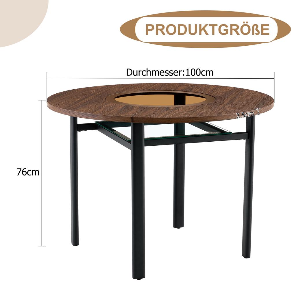 Round Table Modern Minimalist Design with 100 cm Diameter and Brown Wood Pattern, Suitable for 2-4 People (Brown-Grey Glass Plate and Metal Frame).