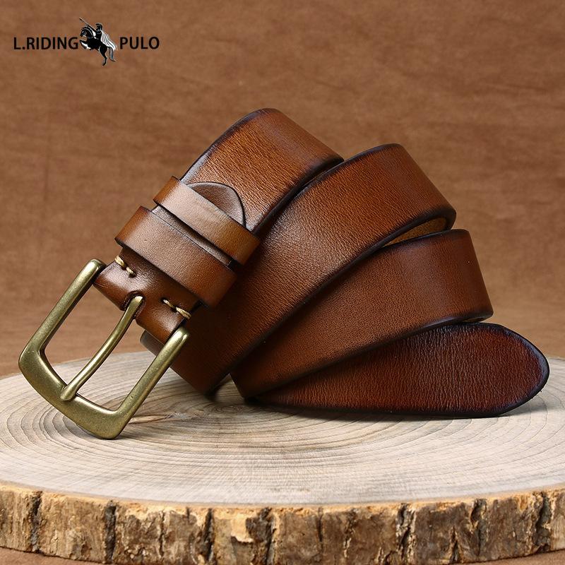 Men's Genuine Leather Belt with Pin Buckle, Retro Pure Copper, Simple and Versatile Jeans Belt