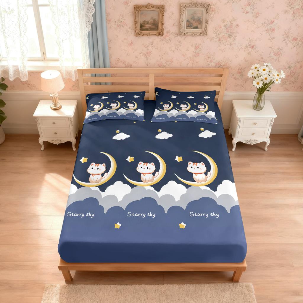 3pcs Cartoon Cute Cat Printed Chipless Bed Sheet Set Multi Size Soft Bed Cover Bedroom Bedding Decoration