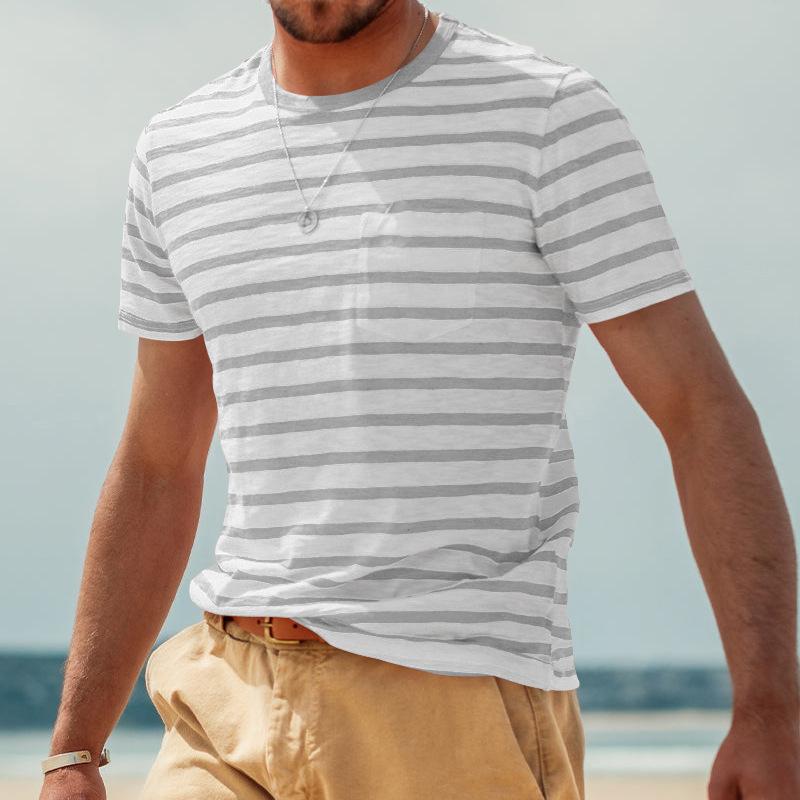 Outdoor Freizeit Sommer Herren Gestreiftes T-Shirt Klassischer Basic Stil Kurzarm Rundhals Lockere T-Shirts Sommer Sport OOTD T-Shirts