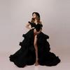 Off-Shoulder High Waist Maternity Gown with Front Slit and Puffy Tulle Skirt