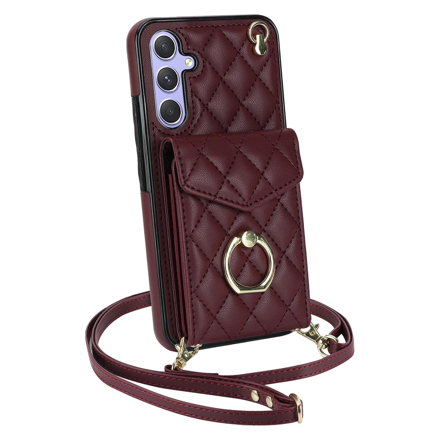 

Crossbody Leather Wallet Cards Solt Ring Phone Case for Samsung Galaxy S23 S24 Ultra S22 S21 FE S20 A55 A54 A14 Note20 Bag Cover For Galaxy S24Ultra вина червоного кольору