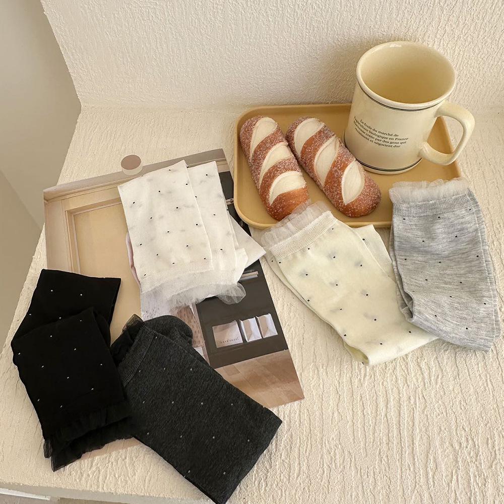 Miu Style Women’s Polka Dot Lace Trim Mid-Calf Slouch Socks - Thin, Breathable, Trendy, Seamless Cotton for Spring/Summer.