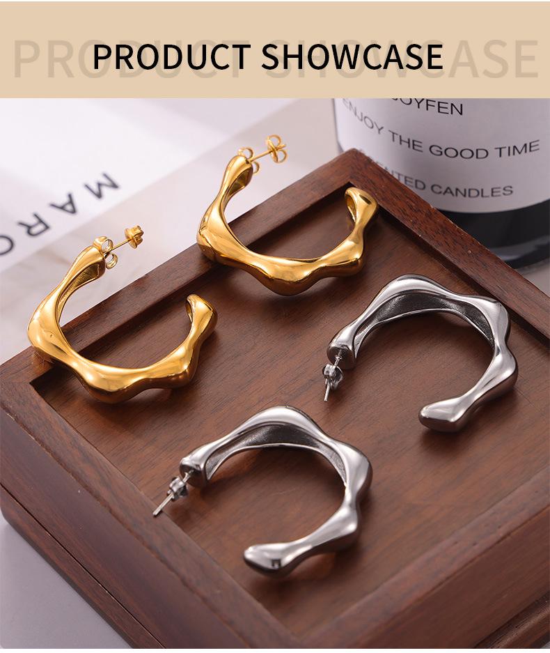Elegant C-Shaped Stud Earrings, European/American Style, Irregular Design, Titanium Steel, Real Gold Plated, Cold & Sophisticated Appeal