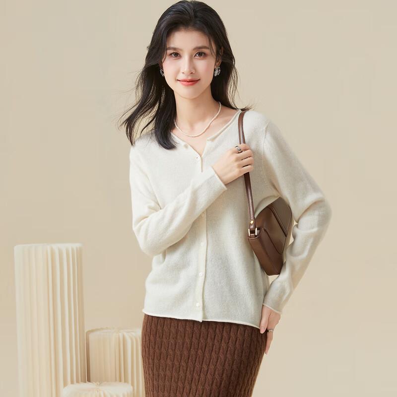 

Женский кардиган из 100% кашемира с круглым вырезом и подвернутыми краями M