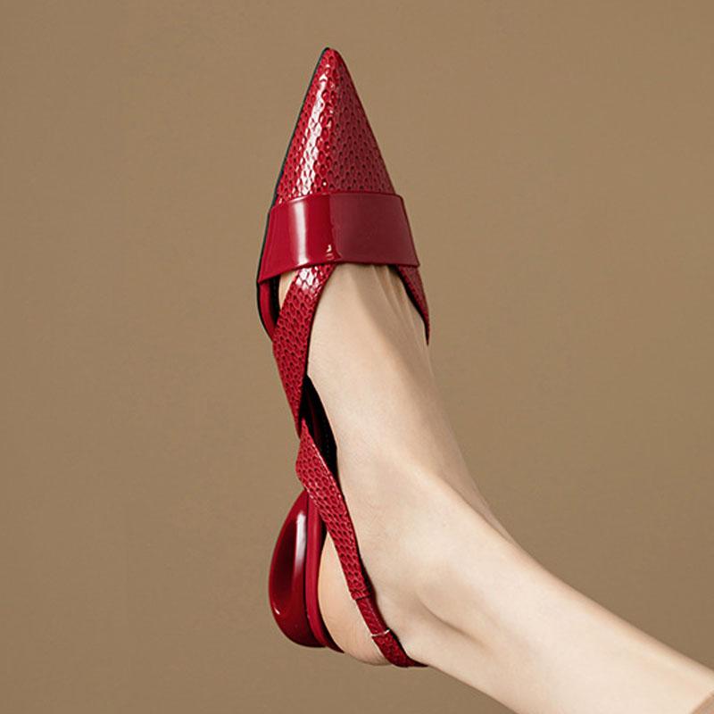 2024 Women's Sandals Sexy Hollow Shaped Heel Slingback Heels Fashion Pointed-toe Pumps Luxury Scales Patent Leather Ladies Shoes