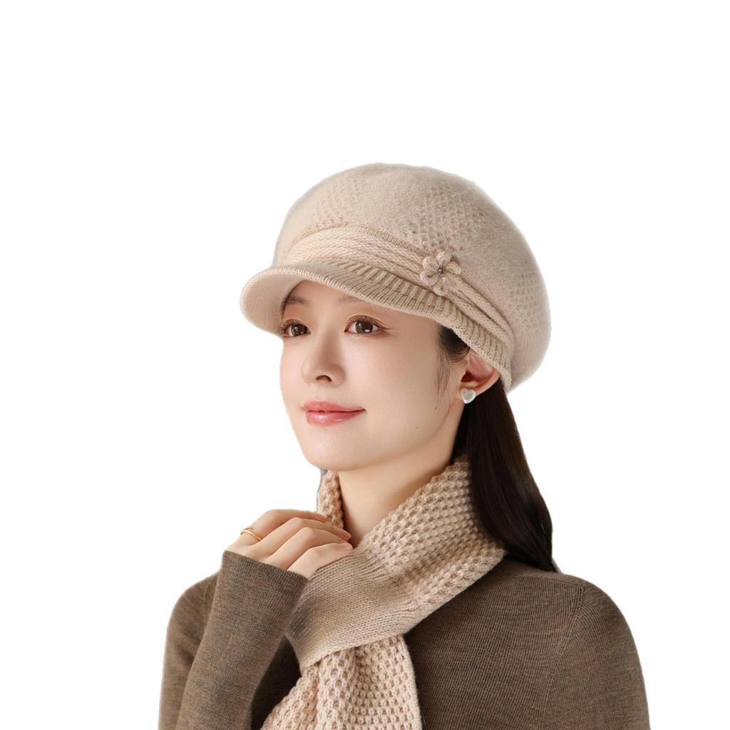 New Rabbit Fur Hat for Ladies and Mothers Knitted Woolen Hat for Middle aged and Elderly People  Warm Plus Velvet Hat Grandma's Cold Proof Scarf