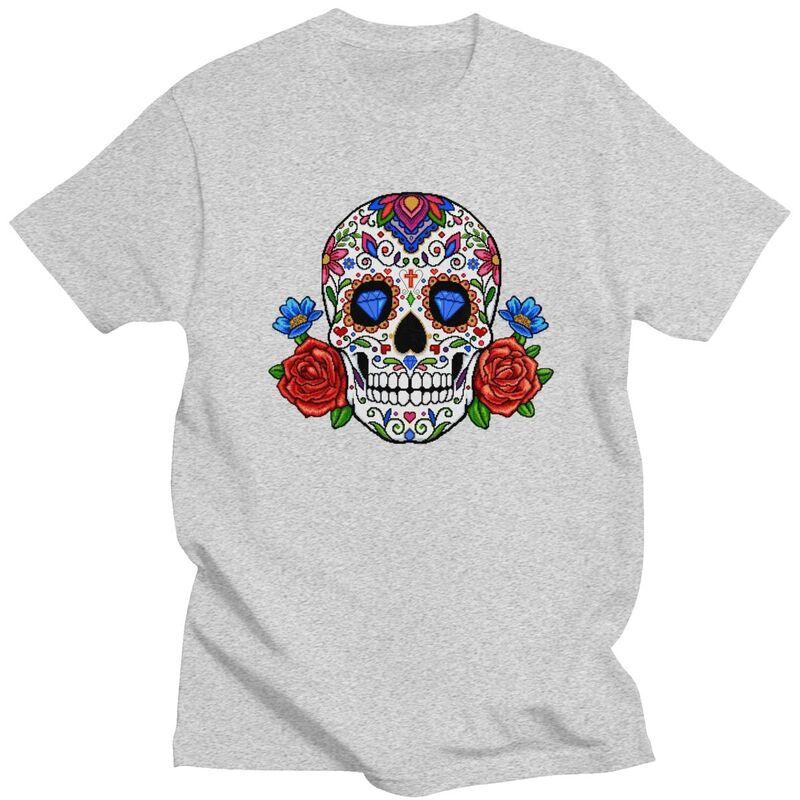Custom Mexican Flower Rose Skull T Shirt for Men Pure Cotton Tshirt Fashion Tees Tshirt Clothing