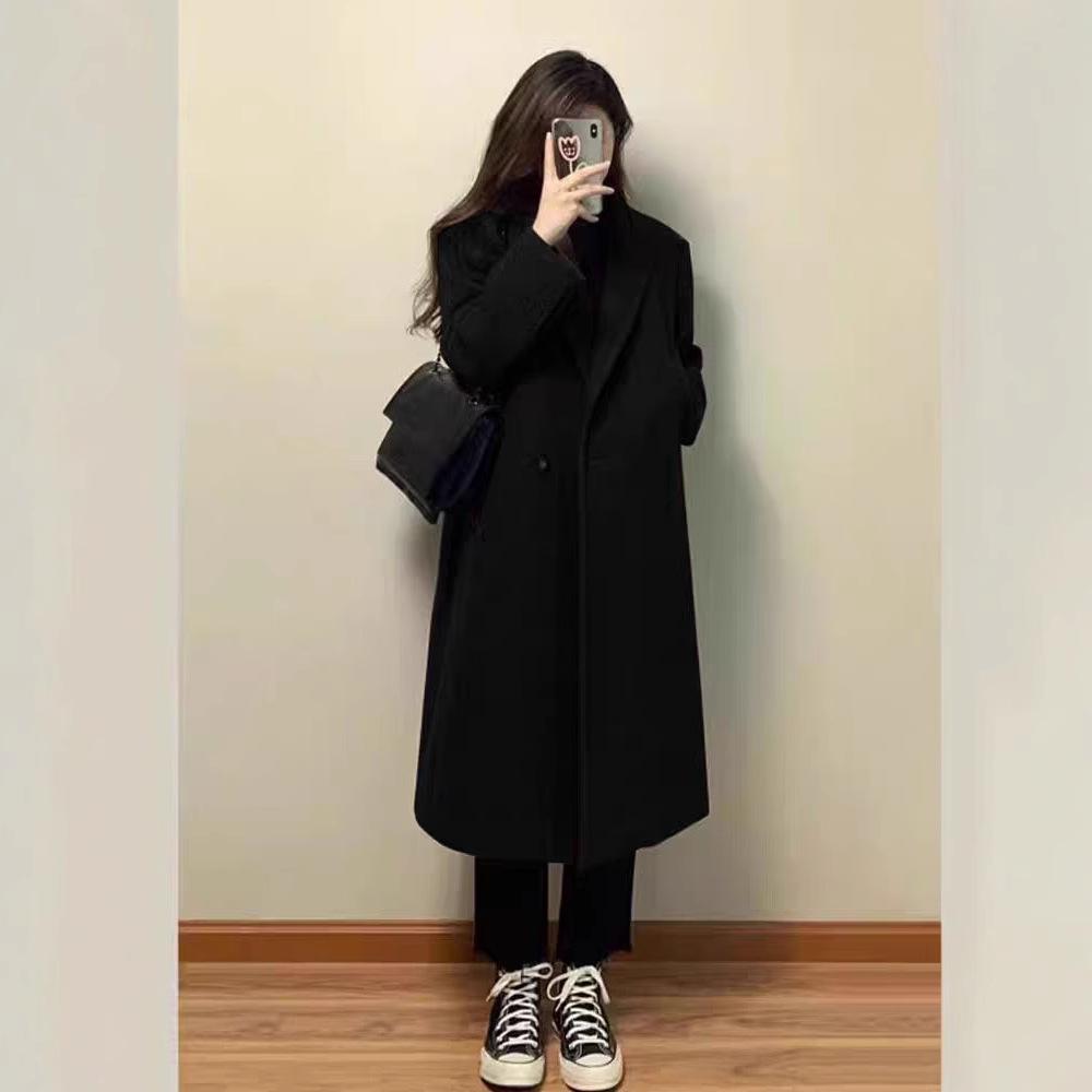 Women's Brown Wool Blend Single-Breasted Notch Lapel Trench Coat