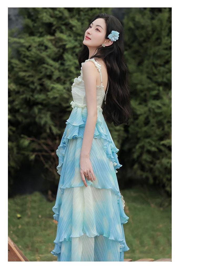Women's Summer Ruffle Lace Patchwork Strappy Skirt Set