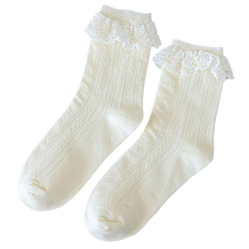 JK Girl Ruffle Lace Trim Cotton Ankle Socks Jacquard Knit Frilly Socks for Women