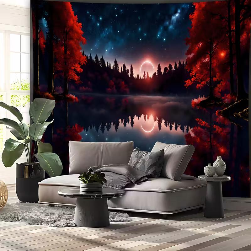 2D Gothic Forest Tapestry, Blood Moon Eclipse & Red Trees Wall Hanging, Dark Nature Scenery Decor 47.2x31.5inch/120*80cm